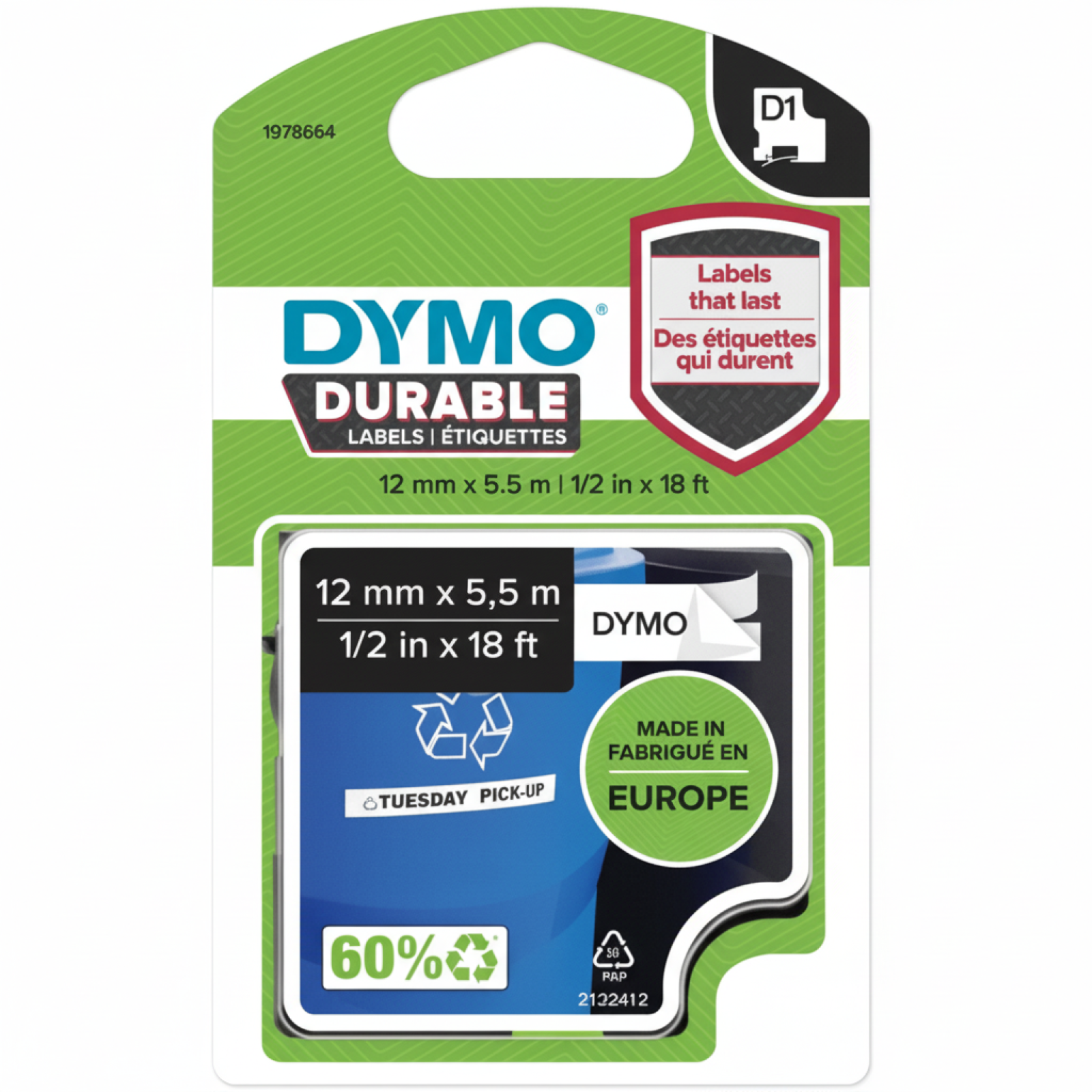 Original OEM Tape DYMO D1-1978364 (D1-D-1978364) (White) (12 mm, 5,5 m)