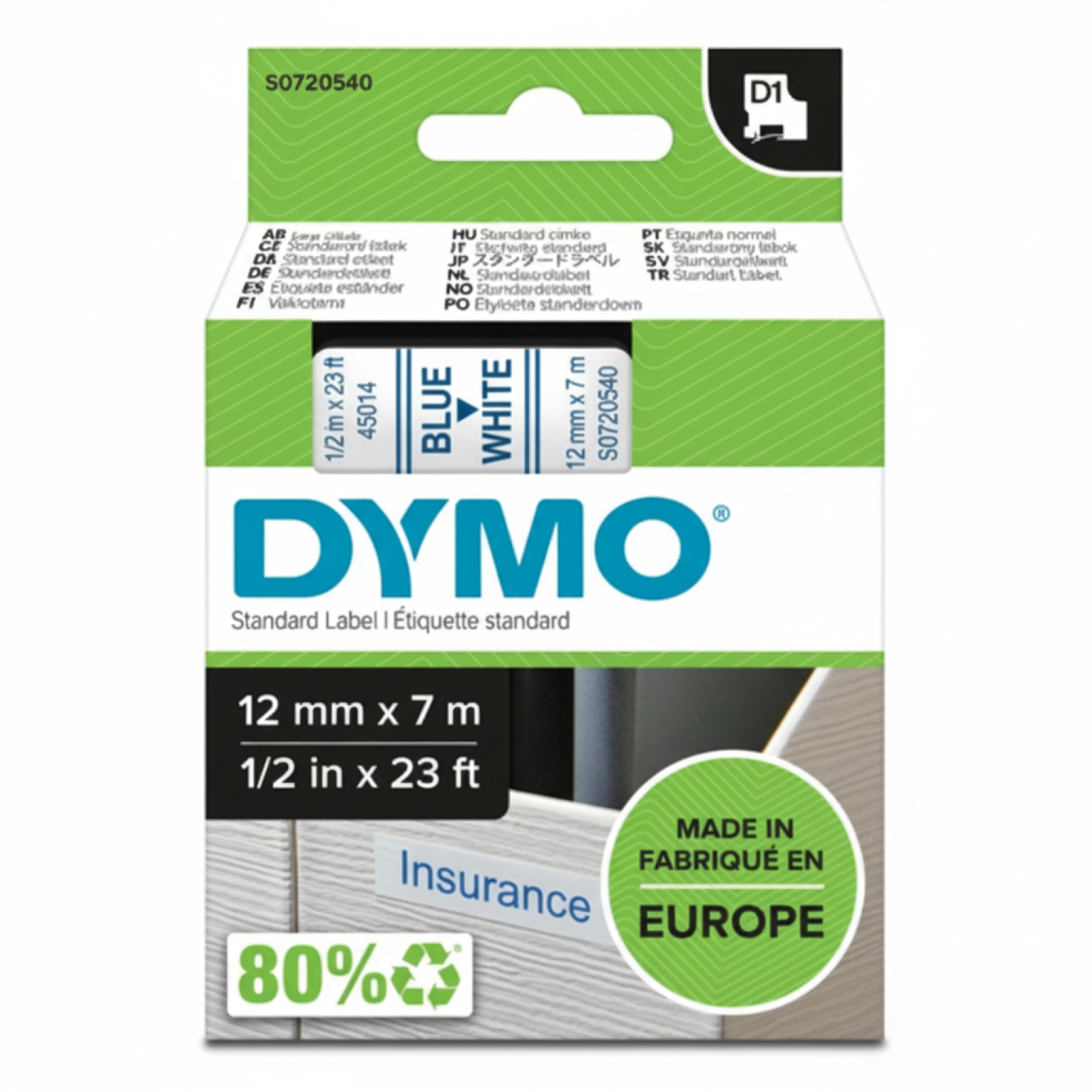Original OEM Tape DYMO D1-45014 (D1-45014) (White) (12 mm, 7 m)