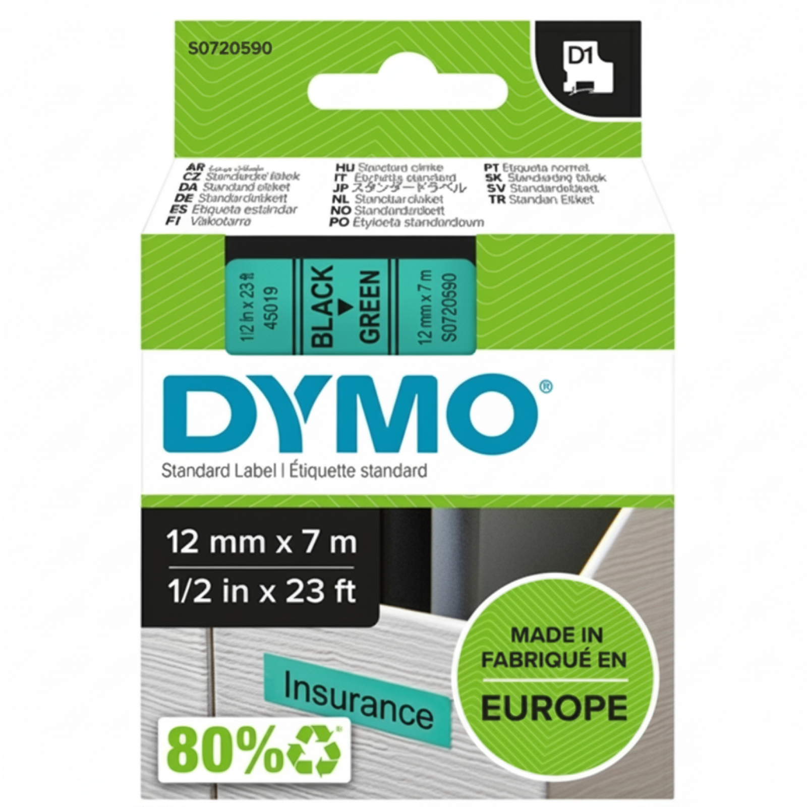 Original OEM Tape DYMO D1-45019 (D1-45019) (Green) (12 mm, 7 m)