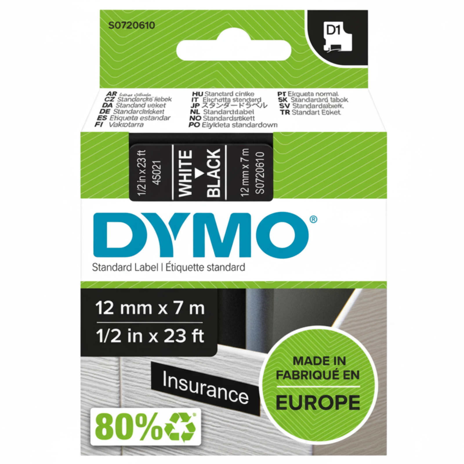 Original OEM Tape DYMO D1-45021 (D1-45021) (Black) (12 mm, 7 m)