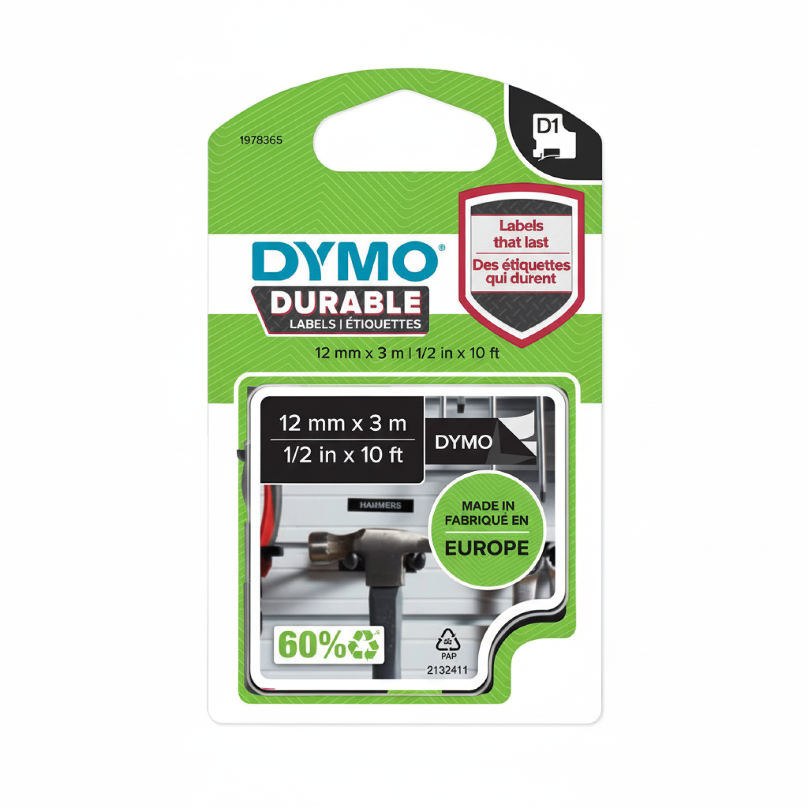 Original OEM Tape DYMO D1-1978365 (D1-D-1978365) (Black) (12 mm, 3 m)