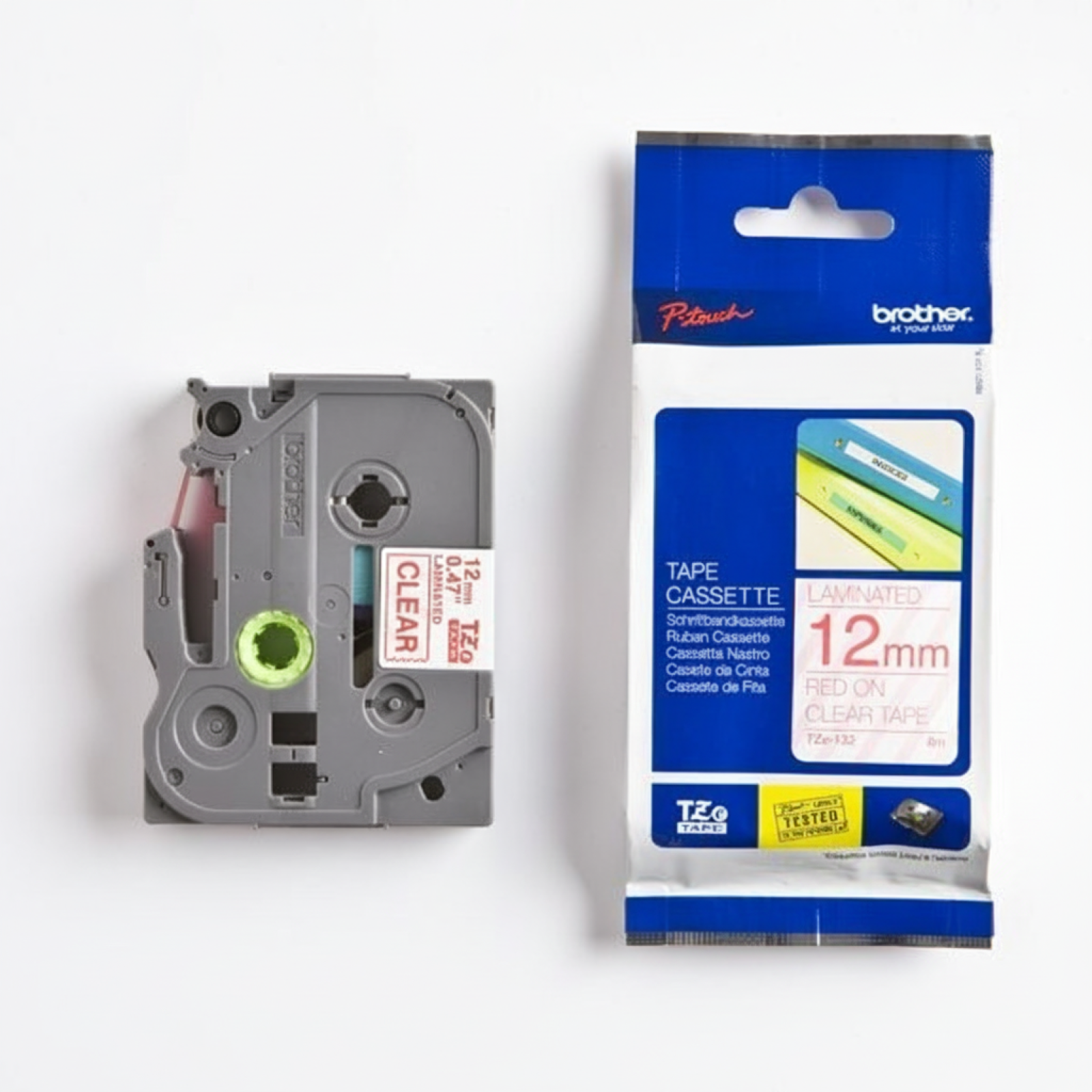 Original OEM Tape Brother TZe-132 (TZe-132) (Transparent) (12 mm, 8 m, Transparent, Red)