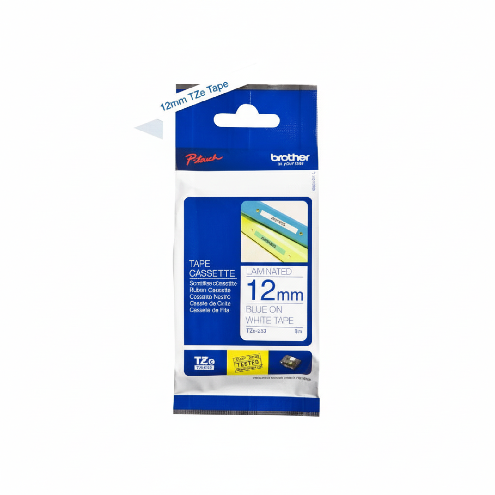 Original OEM Tape Brother TZe-233 (TZe-233) (White) (12 mm, 8 m, White, Blue)