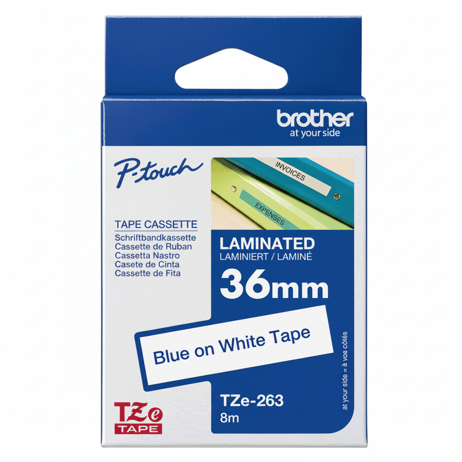 Original OEM Tape Brother TZe-263 (TZe-263) (White) (36 mm, 8 m, White, Blue)