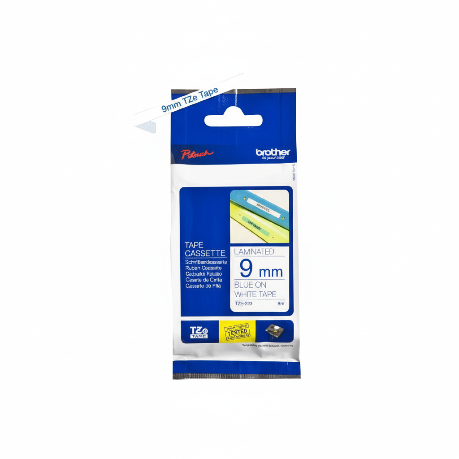 Original OEM Tape Brother TZe-223 (TZe-223) (White) (9 mm, 8 m, White, Blue)