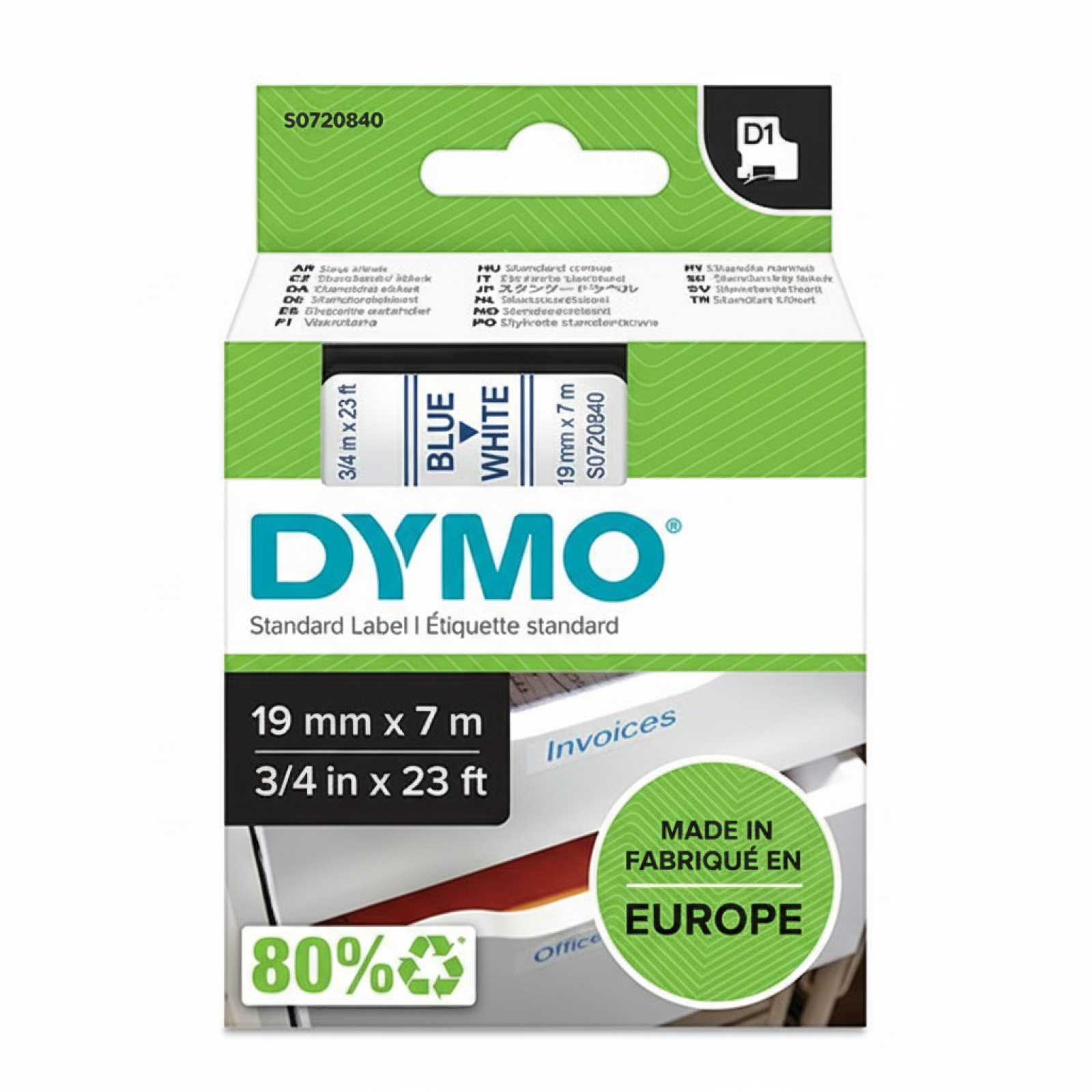Original OEM Tape DYMO D1-45804 (D1-45804) (White) (19 mm, 7 m, White, Blue)