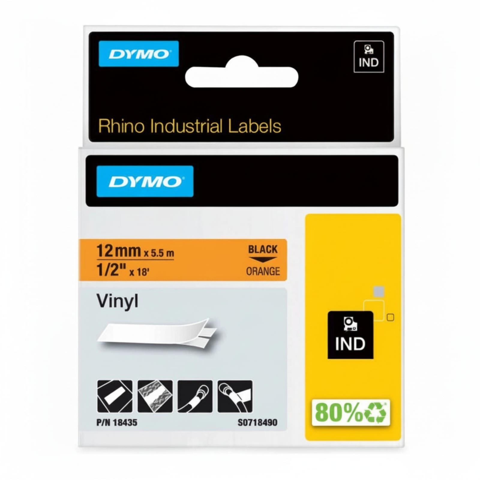 Original OEM Tape DYMO 18435 (18435) (Orange) (12 mm, 5,5 m, Orange)