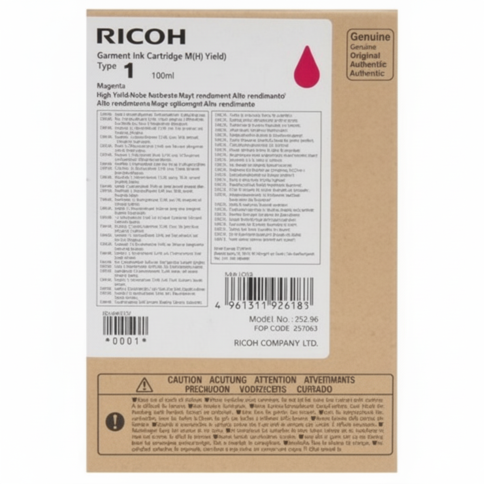 Original OEM Ink Cartridge Ricoh Garment Type 1 (100ml) (257061) (Magenta)
