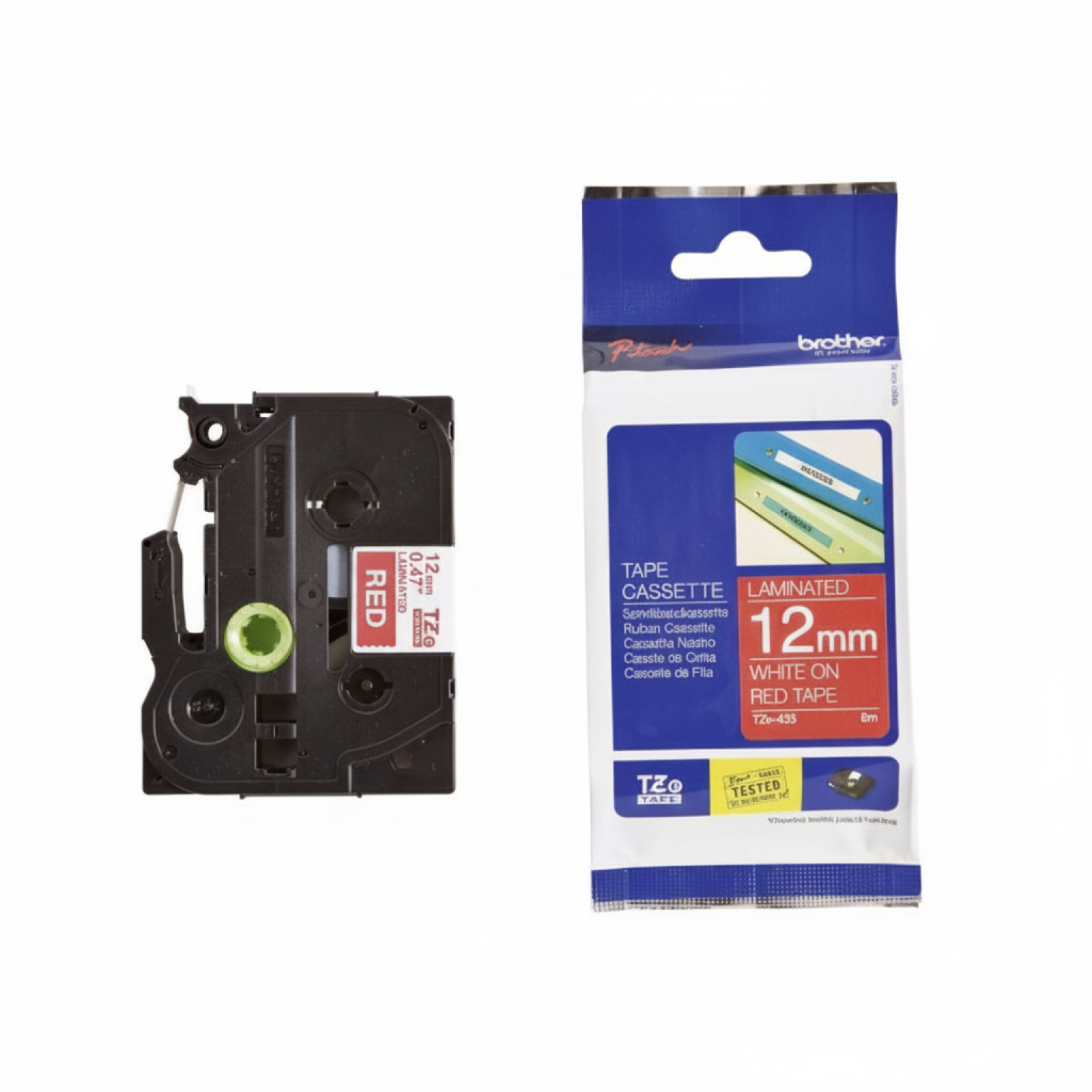 Original OEM Ribbon Brother TZe-435 (TZE435) (Red) (12 mm, 8 m, Red, White)