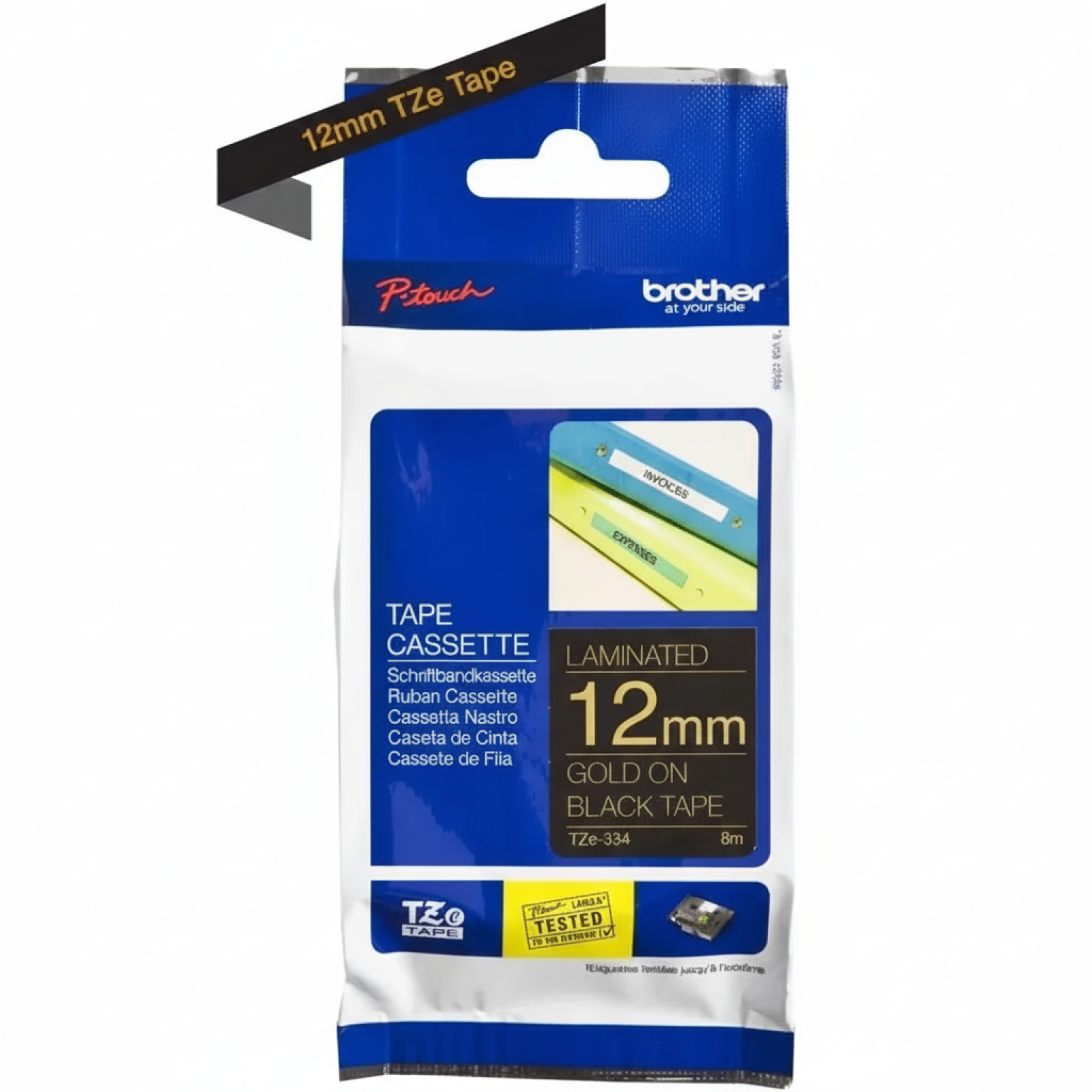 Original OEM Ribbon Brother TZe-344 (TZE344) (Black) (18 mm, 8 m, Black, Gold)