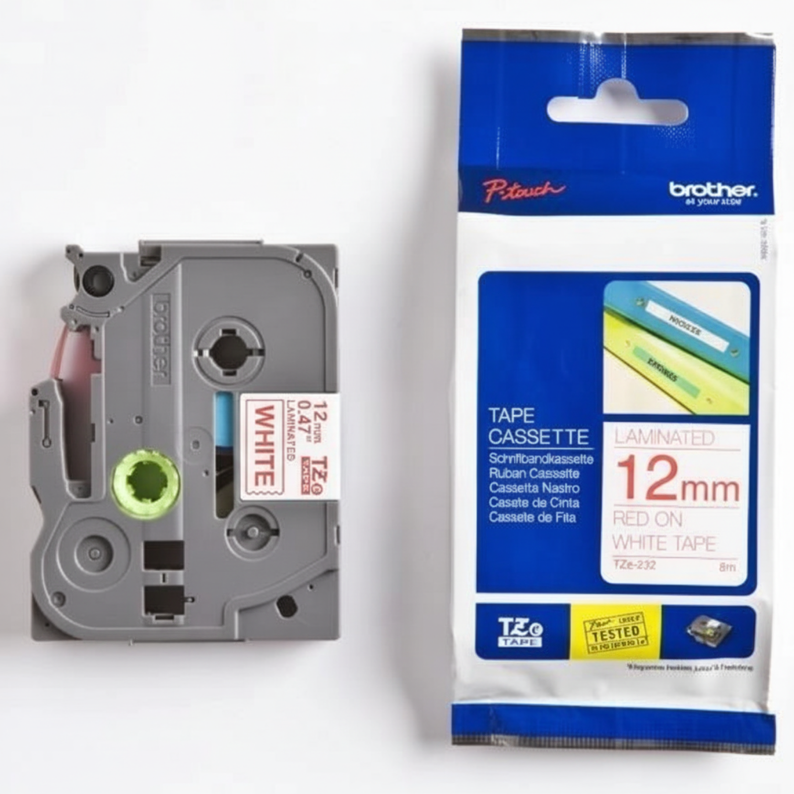 Original OEM Ribbon Brother TZe-232 (TZE232) (White) (12 mm, 8 m, White, Red)