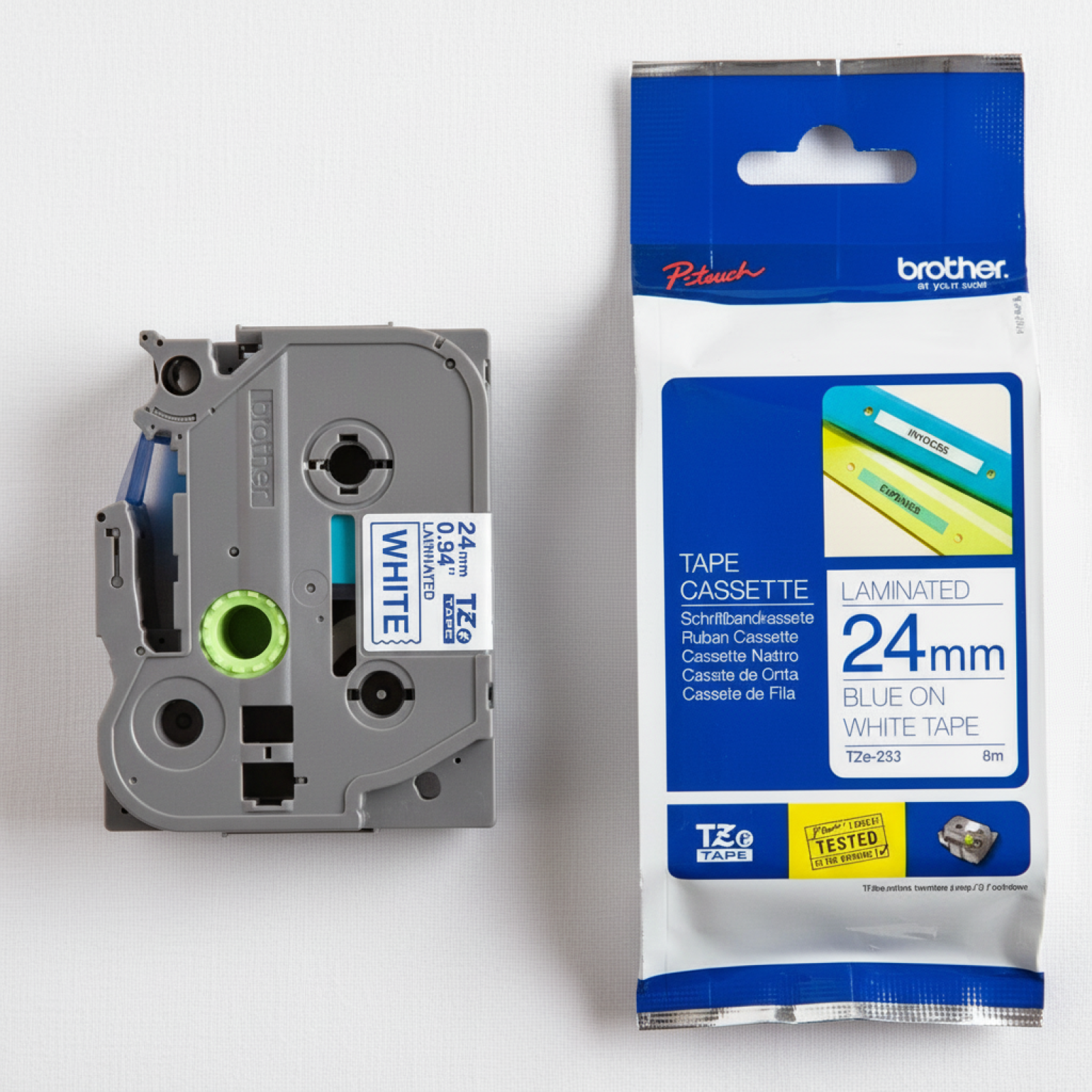 Original OEM Ribbon Brother TZe-253 (TZE253) (White) (24 mm, 8 m, White, Blue)