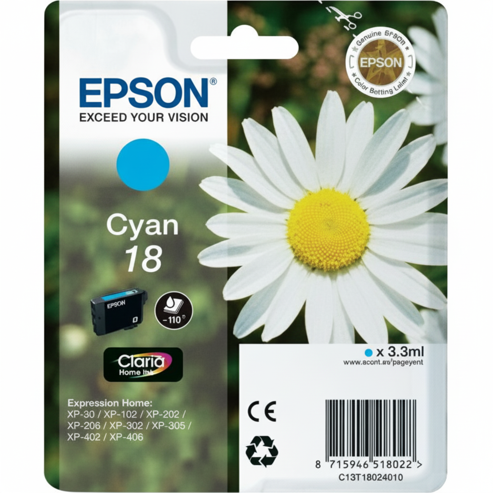 Original OEM Ink Cartridge Epson T1802 (C13T18024010) (Cyan)